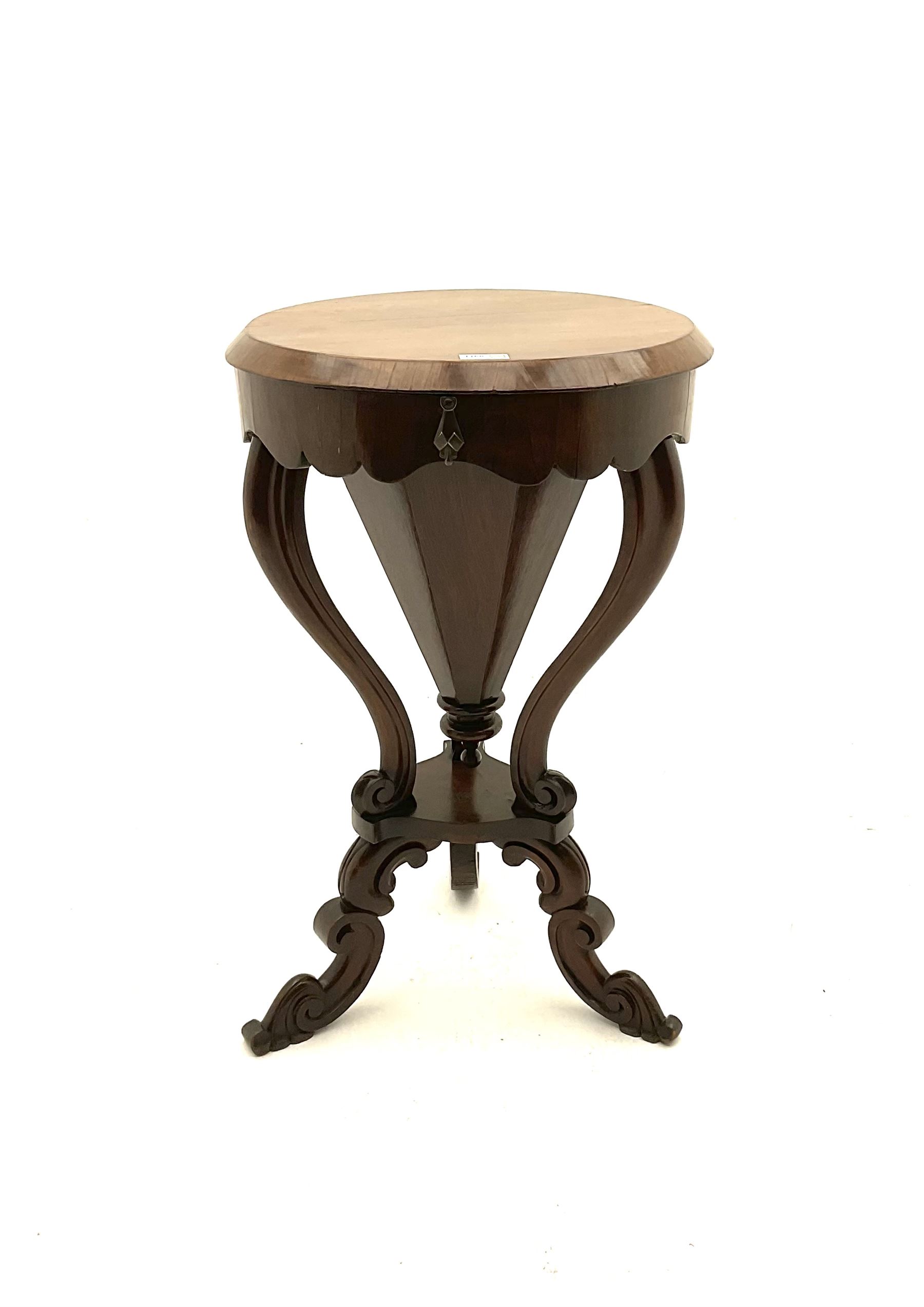 Victorian rosewood work table, circular hinged lid enclosing trumpet shaped body with fitted interior, scroll carved serpentine supports, on tripod base