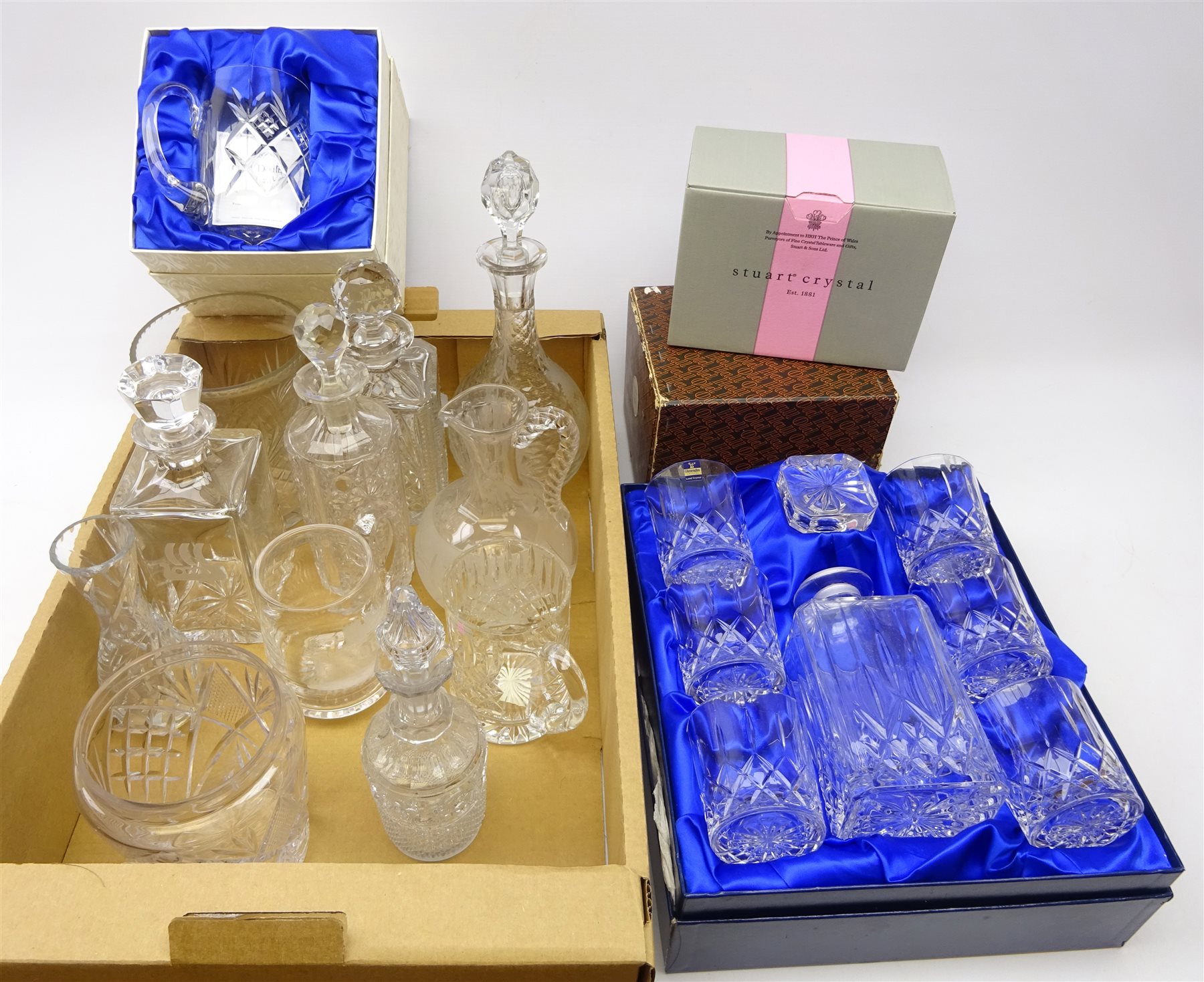 Edwardian Decanter With Moulded And Faceted Body Similar Age Decanter Etched With Fruiting Vines Stuart Crystal Tankard York Engraved Tankard Gleneagles Decanter And Glass Boxed Set Etc Antiques Interiors