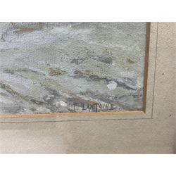 Fernand Désiré Louis Lantoine (French 1876-1955): Soldiers Travelling by Horse and Cart in the Snow, watercolour heightened in white signed 32cm x 51cm