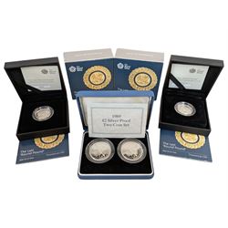 Three The Royal Mint United Kingdom silver proof coins or sets, comprising 1989 two pound coin two coin set with 'Tercentenary Of The Claim Of Rights' and 'Tercentenary Of The Bill Of Rights, 2016 'The Last Round Pound' and 2016 'The Last Round Pound' piedfort, all cased with certificates 