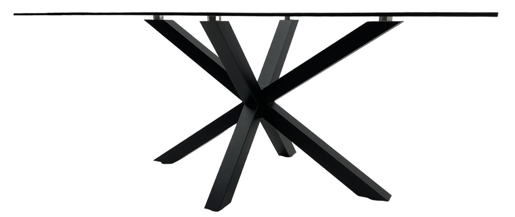 Contemporary glass and metal dining table, rectangular glass top on black finish steel X-framed base