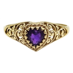  9ct gold heart shaped filigree amethyst ring hallmarked  