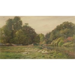 Henry Sykes (British 1855-1921): Sheep Grazing 'On the Welland', watercolour signed 30cm x 52cm