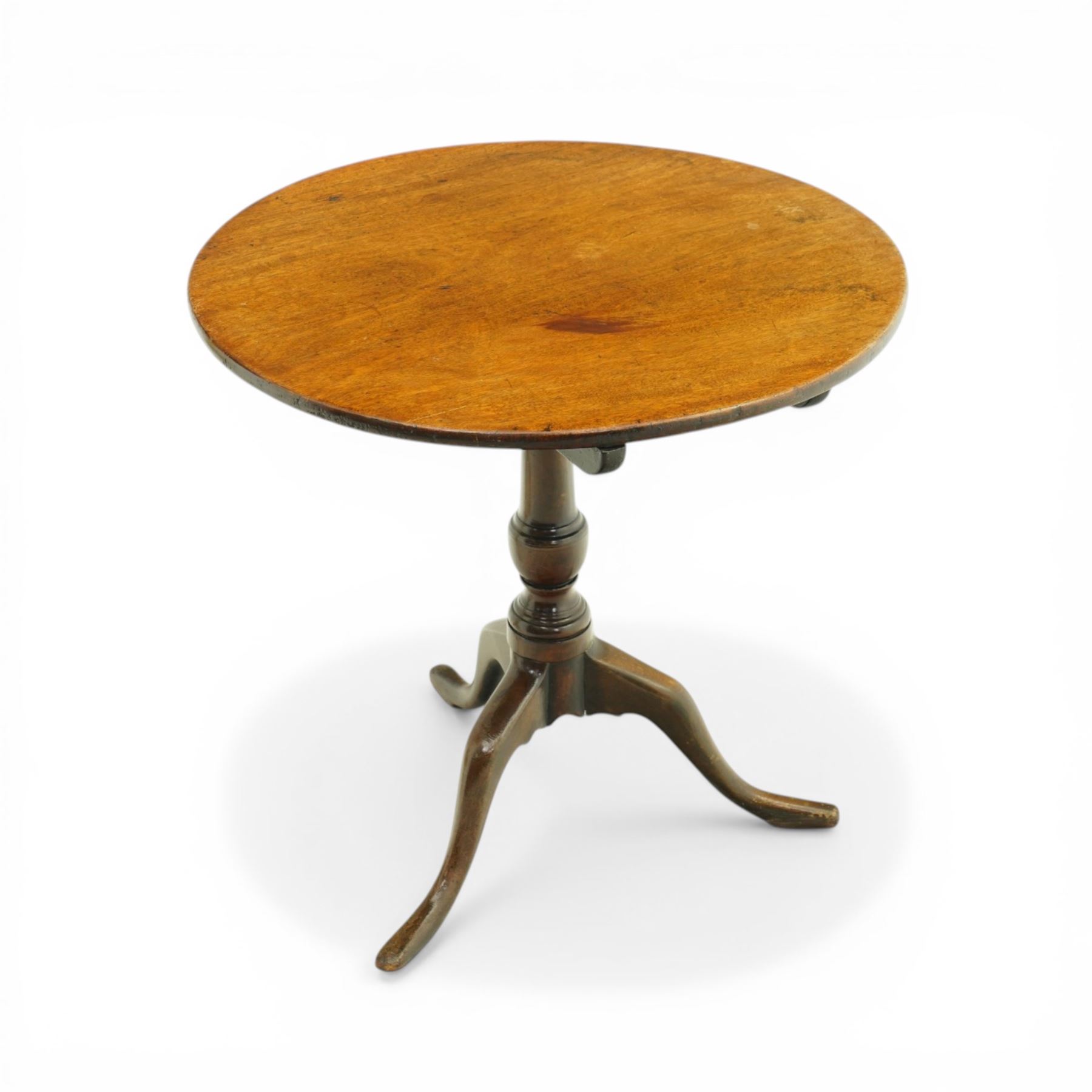 19th century mahogany circular tilt top occasional table, the dished top raised on a turned pedestal with three cabriole supports, underside fitted with tilt mechanism