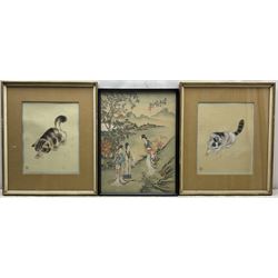 Japanese School (20th century): Cats, pair watercolours on silk signed 27cm x 21cm; Ladies by a Pagoda, watercolour on silk by another hand signed 40cm x 30cm
