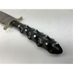 Hunting knife by J Nowill & Sons, Sheffield, the handle inset with mother of pearl, blade length 19cm; George Wolstenholme IXL lock-knife with antler scales L29cm open; and another Bowie style hunting knife marked 'V.R. Warranted Sheffield Joseph Ellis & Sons' in leather sheath (3)