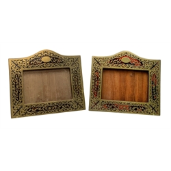 Two late 19th/early 20th century Boulle type marquetry frames, of rectangular form with arched top and vacant cartouche, easel support verso, one example with retailer stamp, J.C. Vickery, Regent St, 17cm, 19.5cm