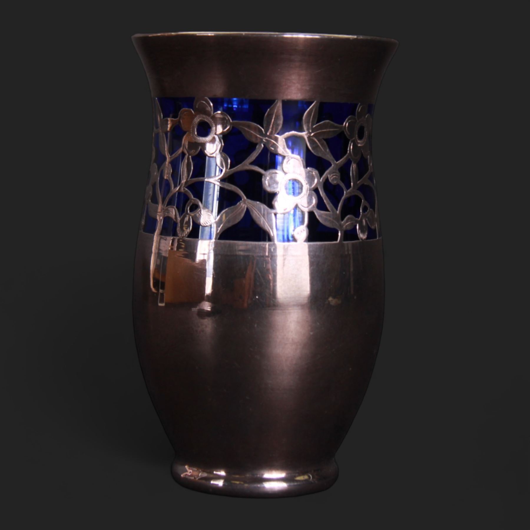 20th century Friedrich Spahr blue glass vase, decorated in silver overlay with a band of stylised flowers, marked Spahr 1000/10, H14cm  