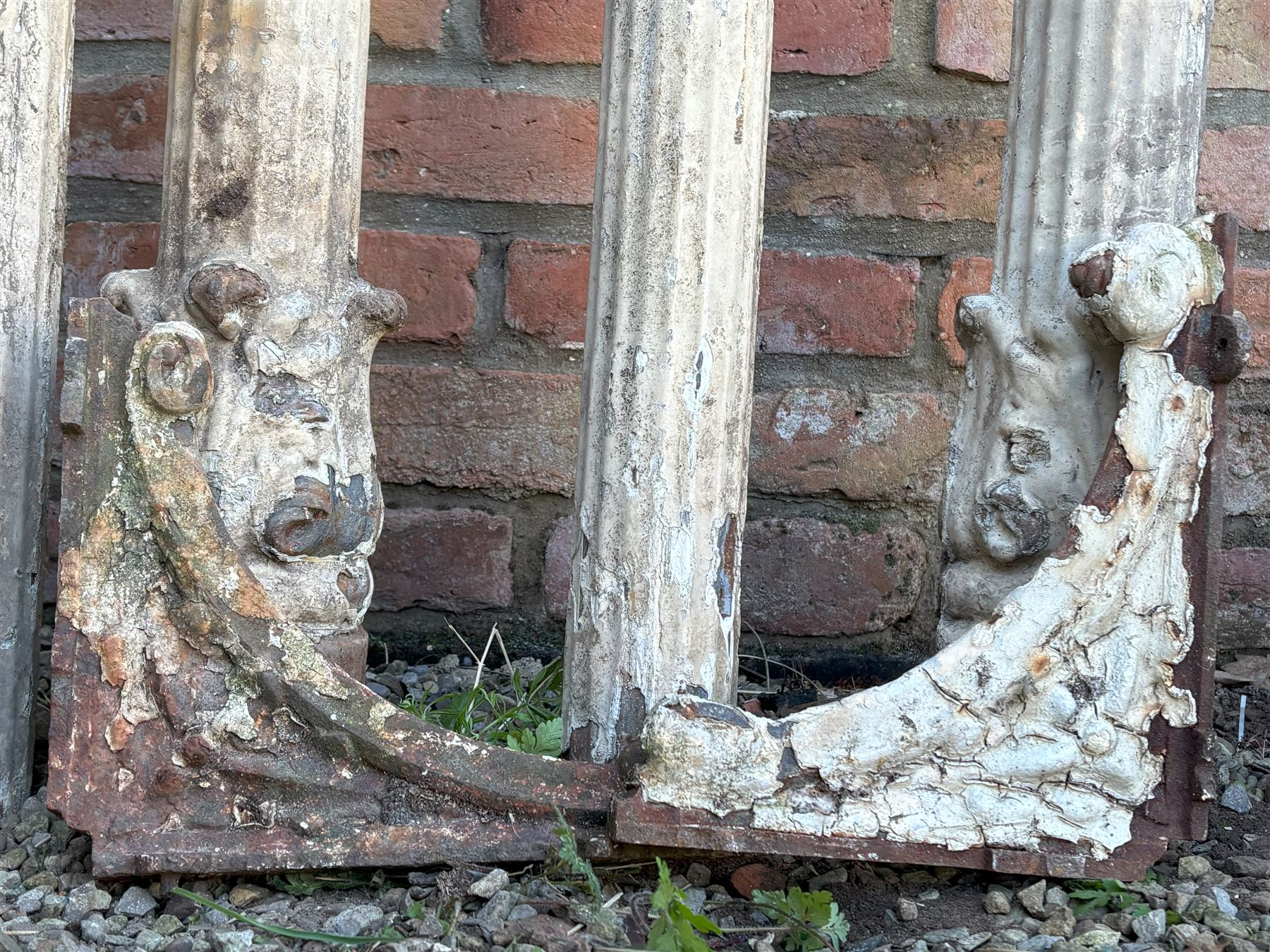 Set of eight Victorian cast iron reclaimed architectural columns, removed from a small gauge railway station, each highly detailed with acanthus cast capitals above fluted columns, six having further acanthus to base. H242cm / 160cm.  - COLLECTION BY APPOINTMENT FROM: The White House, Thirsk Road, Easingwold, York, YO61 3NF - CALL 01723 507111 TO ARRANGE