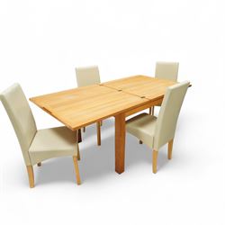 Laura Ashley - contemporary dining suite, comprising square extending oak veneered dining table with fold out leaf, together with four high back dining chairs upholstered in cream faux leather with pale wood legs