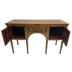 George III design converted mahogany sideboard, crossbanded and ebony strung hinged top, revealing turntable and twin speaker compartments, over faux frieze drawer flanked by twin cupboards, raised on turned tapering supports with boxwood stringing