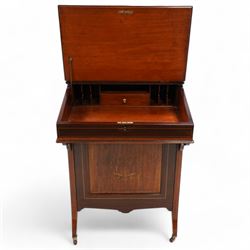 Edwardian inlaid mahogany Davenport desk, gilt metal gallery top with pen and ink stands over hinged top with inset leather writing surface, fitted with pigeon holes and small drawer, the right-hand side fitted with three drawers, on square supports with brass and ceramic castors 