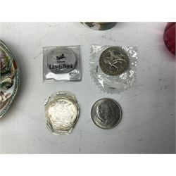 Assorted items, to include two small Art Glass vases, one example with Caithness label, and an Art Glass paperweight, a small cranberry glass jug, Royal Worcester Royal Commemorative trinket box, Noritake cup and saucer, Victorian flat iron, Queen Victorian crown, and three other commemorative crowns, etc., in one box 