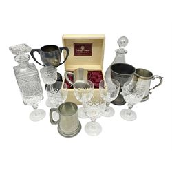 German Bleikristall decanter, set of six Stuart Crystal glasses, a Dartington Crystal decanter, christmas lights and a collection of pewter tankards, etc 