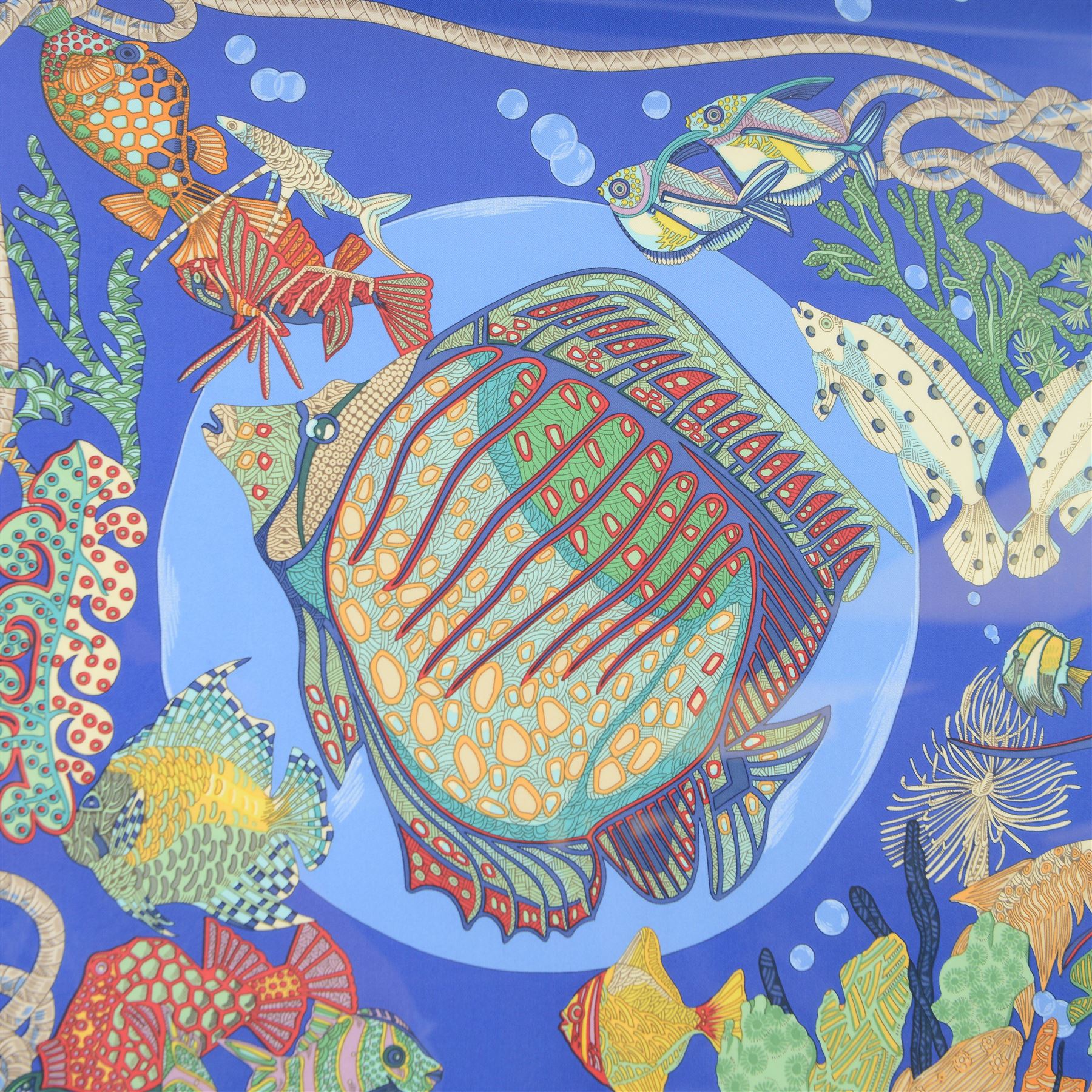 Hermes Grands Fonds silk scarf designed by Annie Faivre, framed, H100cm, W99cm