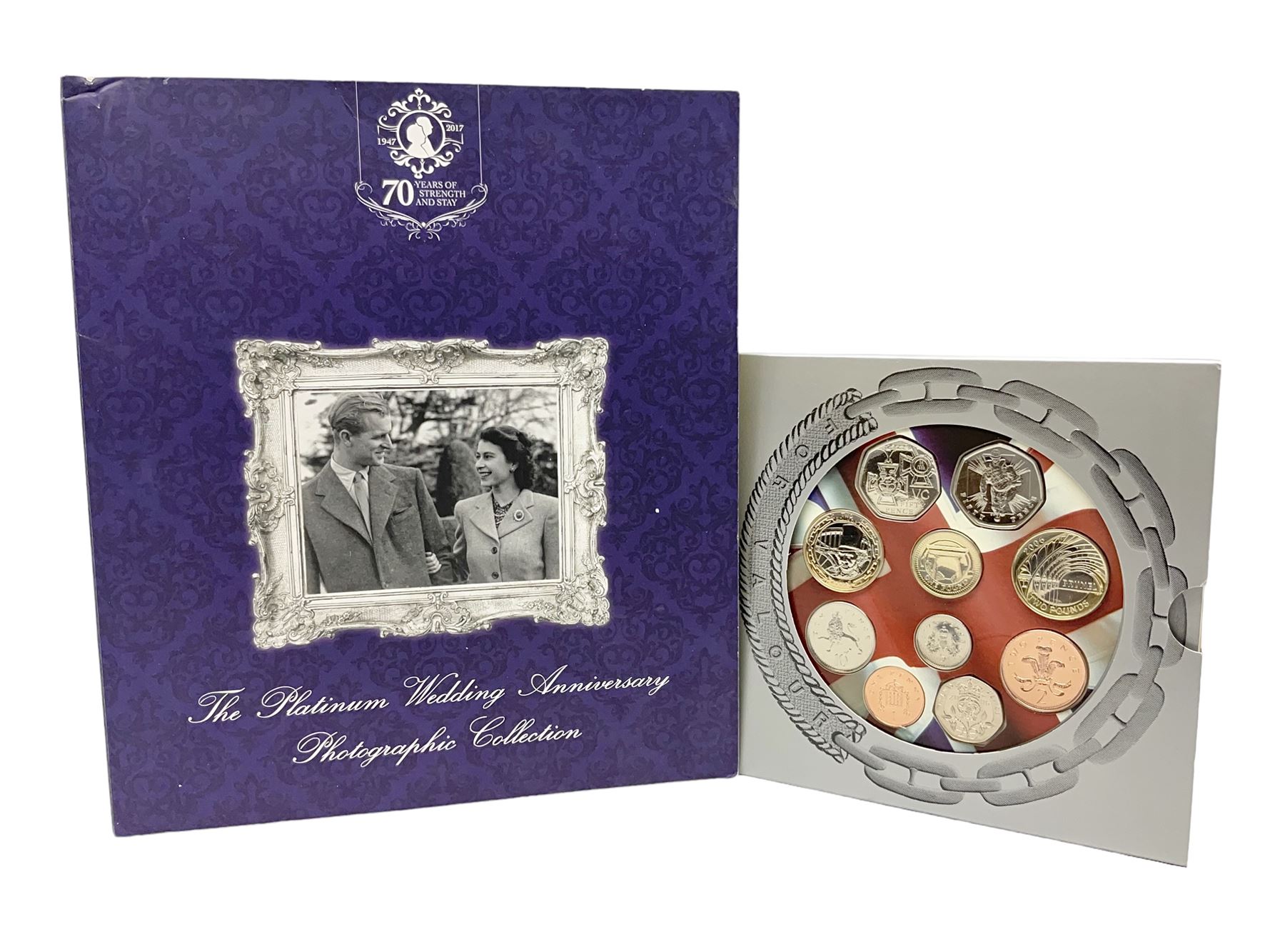 The Royal Mint United Kingdom 2006 brilliant uncirculated coin collection, in card folder and a part set of The London Mint Office 'The Platinum Wedding Anniversary Photographic Collection' coins
