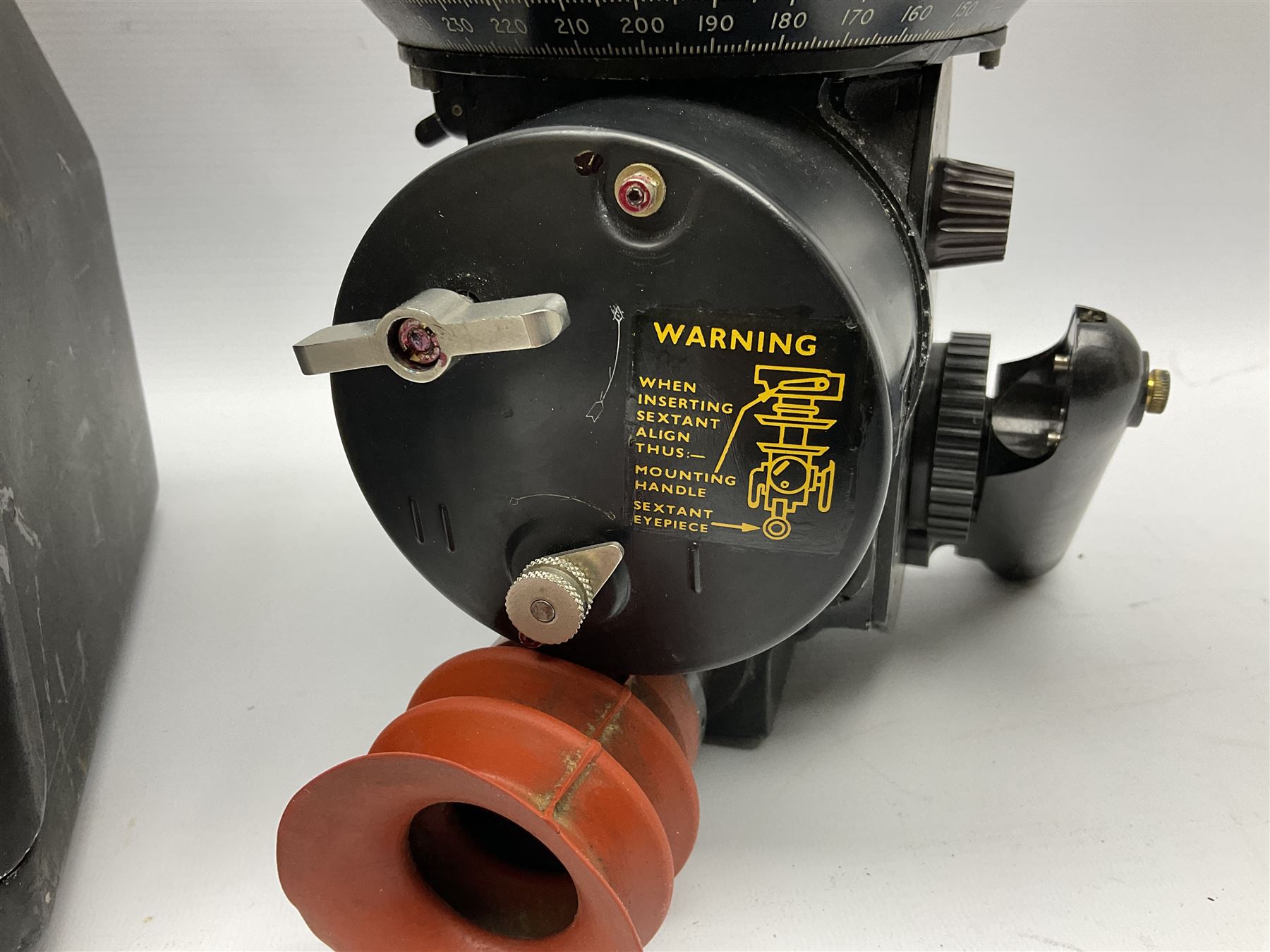Air Ministry Periscopic Sextant Mk.2B, possibly by Kelvin & Hughes, Ref.No. 6B/2838 Serial No. 158KH1/59, bearing Fenns (Farnborough) Ltd label; in black pyramid shaped stowage case with various labels