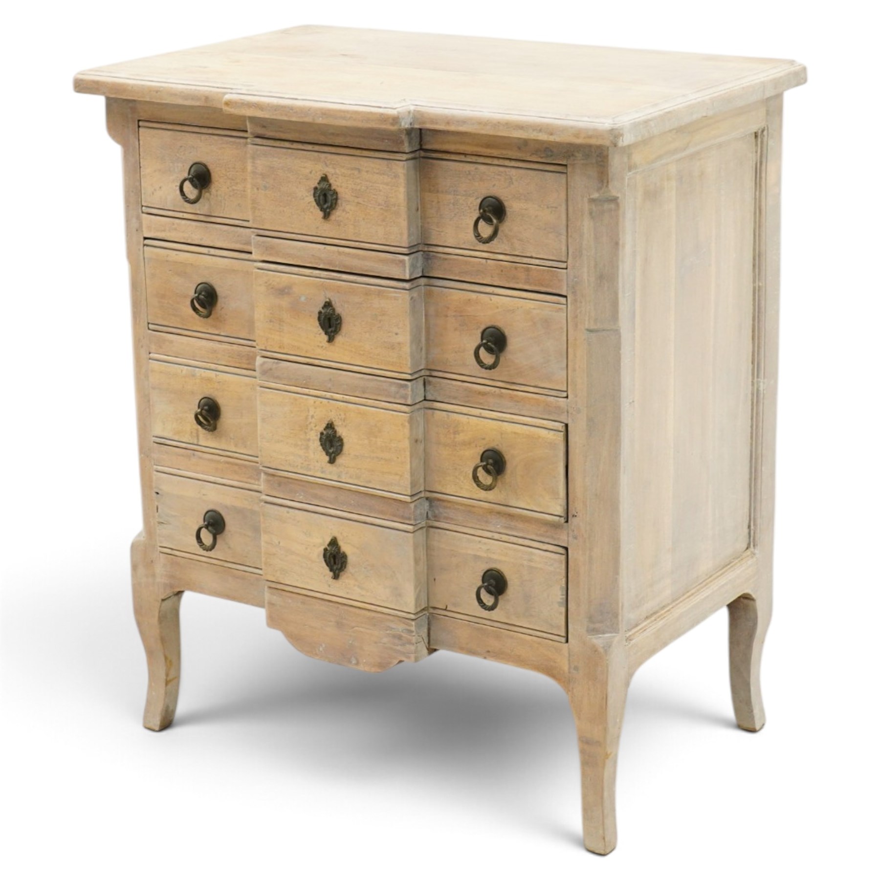 ML DS OKA - French design chest of drawers with limed oak finish, moulded breakfront top over four long drawers with metal ring handles and decorative escutcheons, panelled sides and shaped apron, on cabriole supports