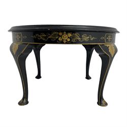 Early 20th century Chinoiserie lacquered circular occasional table, raised gilt decoration depicting traditional landscape scenes, on cabriole supports