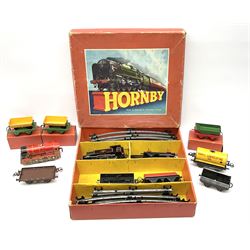 Hornby '0' gauge - Tank Goods Set No.45 with No.40 type 0-4-0 tank locomotive No.82011, three wagons and track, boxed; six additional goods wagons, three boxed; and English tin-plate clockwork locomotive 'Royal Scot' No.7171 with integral key