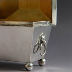 Early 20th century silver tea caddy, of sarcophagus form with twin lion mask mounted loop handles, upon four bun feet, hallmarked William Hutton & Sons Ltd, Birmingham 1913, H8cm, W9cm