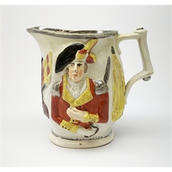 A 19th century Staffordshire pottery pearlware jug, modelled in relief with Lord Wellington and General Hill, H13cm.