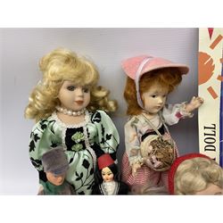 Quantity of assorted dolls including Butlins Red Coat fashion doll in unopened blister pack; national costume dolls; pressed felt, composition and porcelain head dolls etc