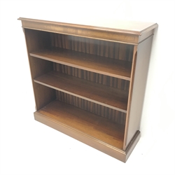 20th century mahogany open bookcase fitted, two adjustable shelves, plinth base, W92cm, H92cm, D30cm