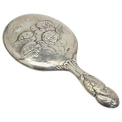 Edwardian silver backed hand mirror decorated with angels heads Chester 1903 and pair of Victorian glass and silver mounted scent flasks Chester 1894