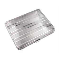 1920's silver cigarette case with engine turned horizontal striped decoration and vacant panel to top corner, hallmarked Adie Brothers Ltd, Birmingham 1929, H10.7cm, W8.2cm, approximate total weight 5.39 ozt (167.7 grams)