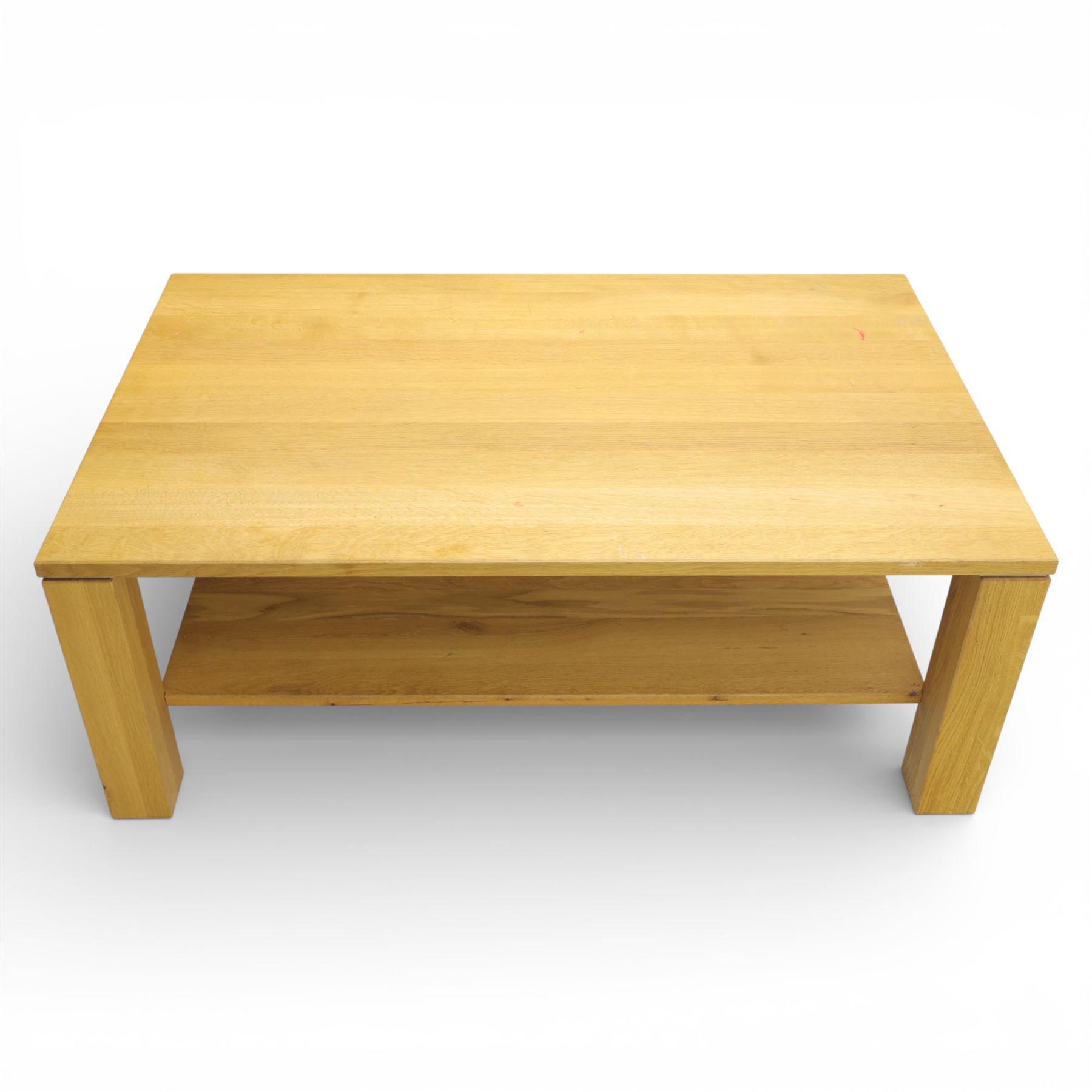 Modern solid oak coffee table, square supports united by full length under tier, raised on castors