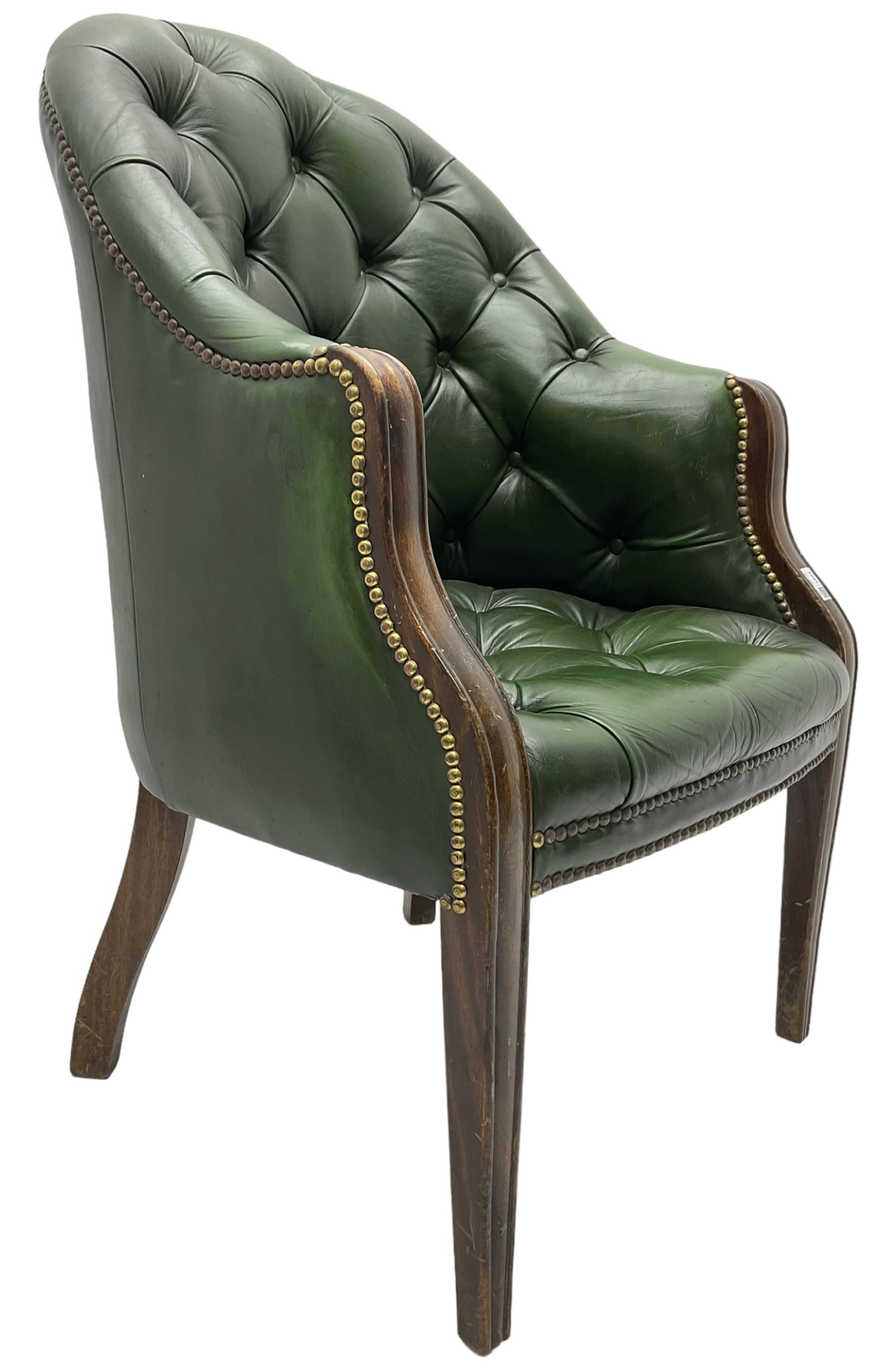 19th century design mahogany framed chesterfield library chair, upholstered in buttoned green leather with studwork, on square tapering supports
