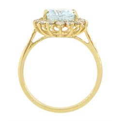 18ct gold aquamarine and diamond cluster ring, single oval cut aquamarine of approx 2.05 carat, with sixteen round brilliant cut diamond surround, stamped, total diamond weight approx 0.40 carat
