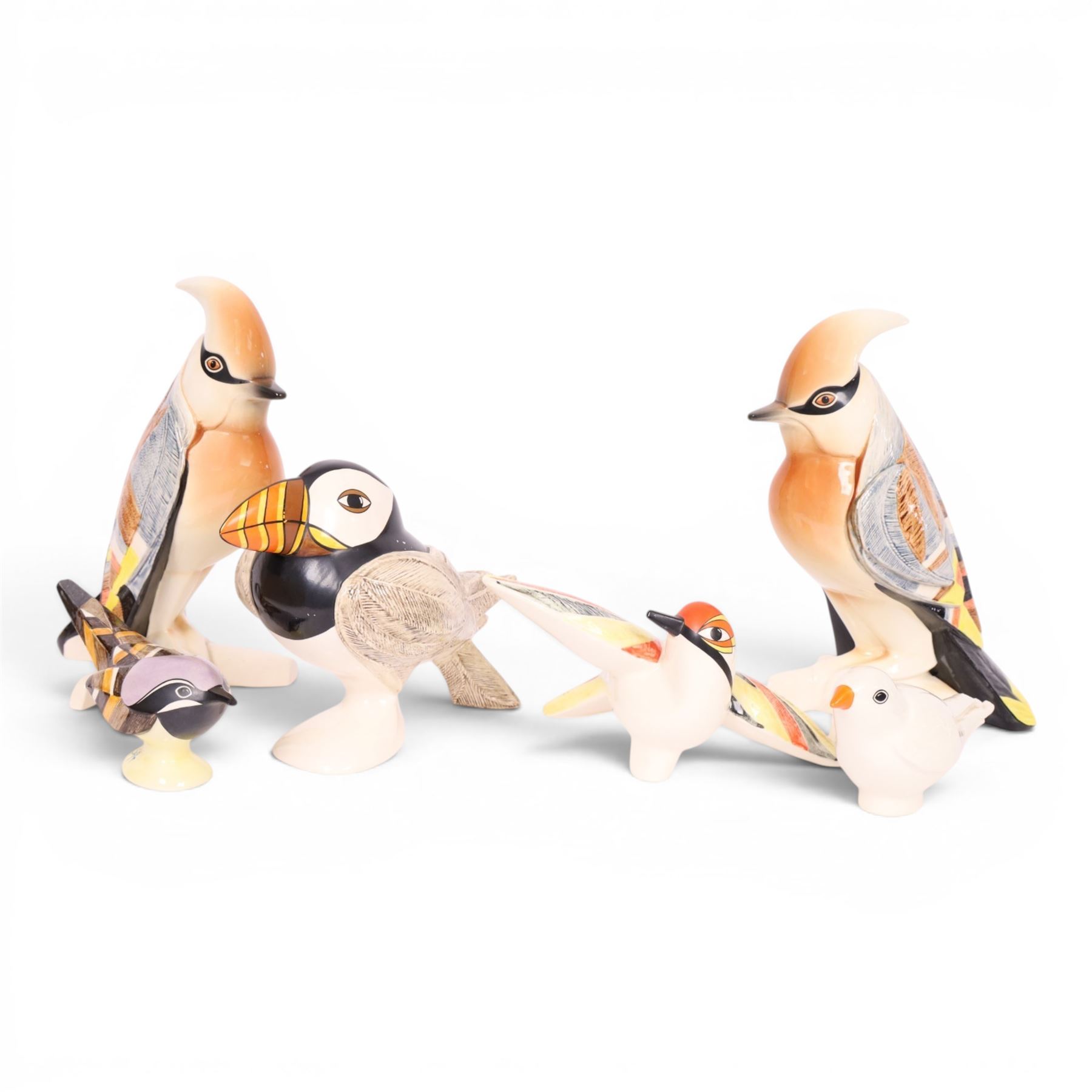 Collection of Goebel bird figures signed by designer George Selim, including two Jays, a Puffin and three others 