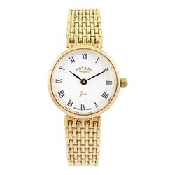 Rotary ladies 9ct gold quartz wristwatch, white dial with Roman numeral hour markers, on integrated 9ct gold bracelet, hallmarked