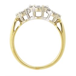 18ct gold diamond flower head cluster ring, three clusters each set with seven round brilliant cut diamonds, total diamond weight approx 0.90 carat