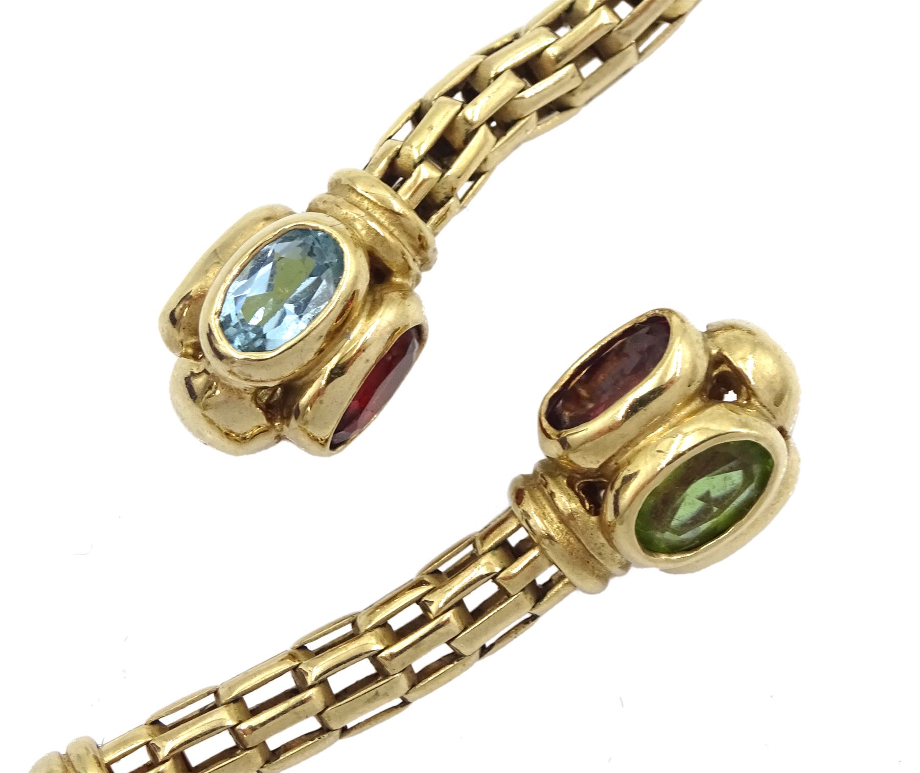 Pair of 9ct gold garnet, peridot and topaz pendant stud earrings, hallmarked 