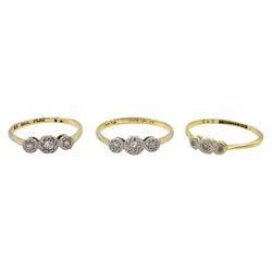 Three early 20th century gold three stone diamond chip rings, all stamped 18ct Plat