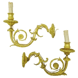  Pair of early 20th century Adam Revival gilt bronze wall lights, urn shaped sconces on acanthus scroll branches, L32cm, H22cm, (2)  