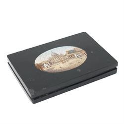 19th-century Italian Grand Tour micromosaic paperweight, the rectangular slab of polished Nero Belgio black marble inset with an oval micromosaic panel finely composed in minute tesserae, depicting a classical architectural view evocative of ancient Rome, centred by a triumphal column and flanked by monumental buildings, 14cm x 9.5cm