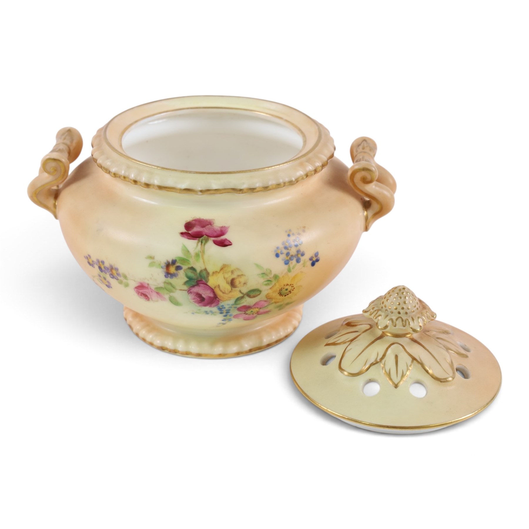 Royal Worcester blush ivory, including pot pourri with pierced cover, scent bottle, pair of bud vases and pair of open pot pourri, vases H12cm