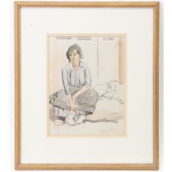 Philip Naviasky (Northern British 1894-1983): 'Gitana' with her Dog, watercolour and charcoal signed and titled 32cm x 24cm