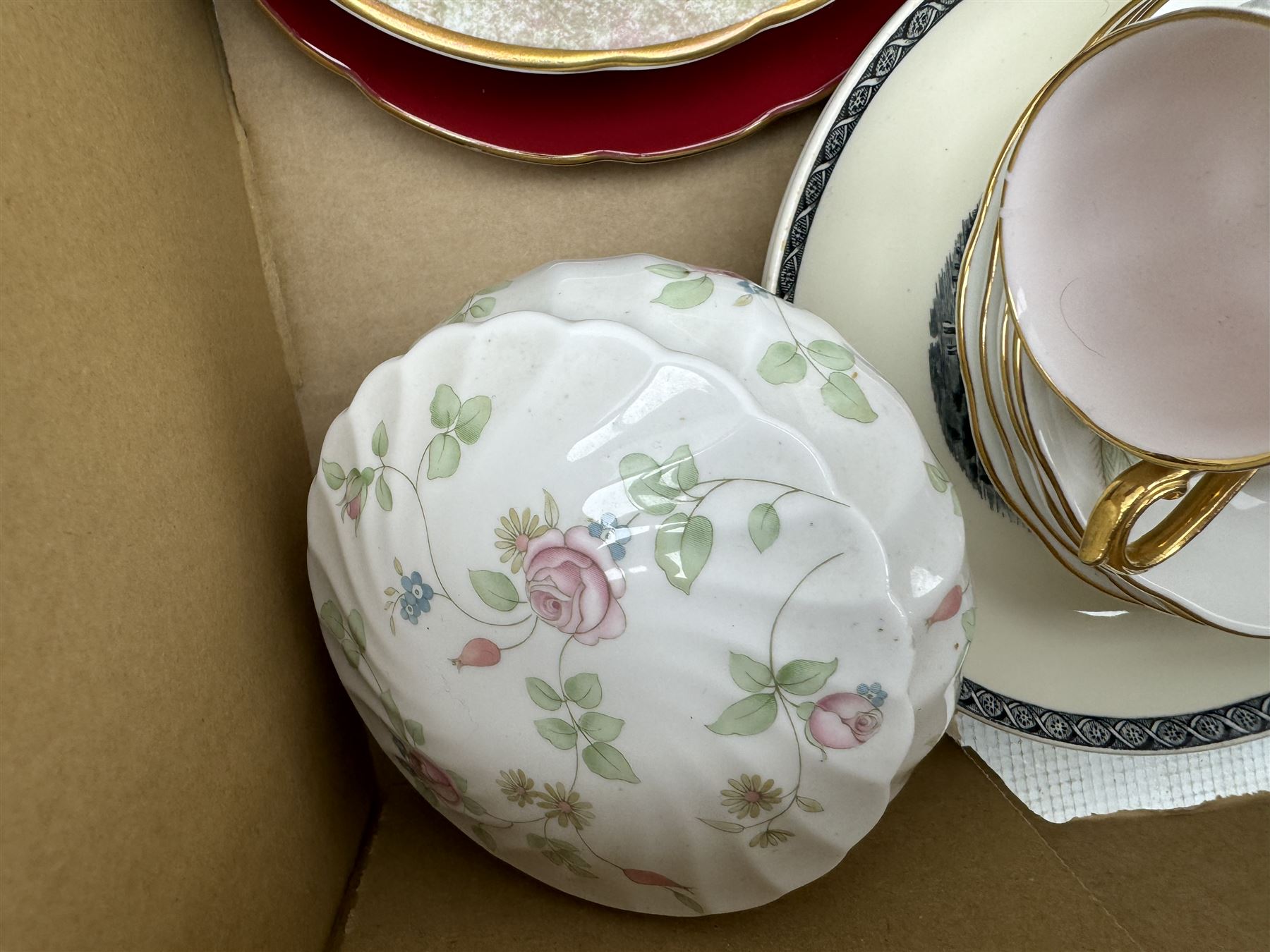 Aynsley harlequin cups and saucers, Royal Albert Old Country Roses vase and cover, Noritake coffee wares, Wedgwood Everest Goblet and various ceramics in two boxes