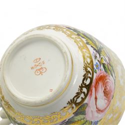 Early 20th century Sampson Hancock Derby porcelain breakfast cup and saucer, painted by  Harry Sampson Hancock, with central sprays and trailing flowers, within scroll gilt borders, painted marks beneath, saucer D14cm, cup H7cm