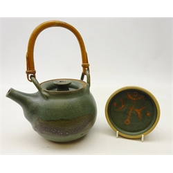  Barbara Cass (1921-1992) early stoneware teapot with bamboo handle and circular dish with unglazed design, D11.5cm (2)  