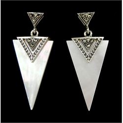 Pair of silver mother of pearl and marcasite triangle pendant earrings, stamped 925 