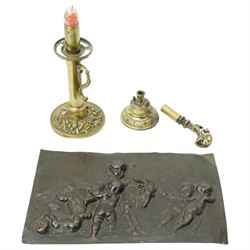 Cane handle in the form of a mongoose and snake, brass oil chamber stick, another and a co...