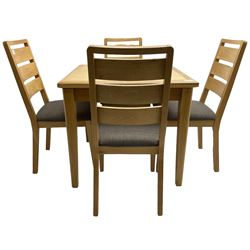 Light oak extending dining table, square-to-rectangular fold-over and slide top, on square tapering supports (W85cm H77cm); and set of four matching chairs, high ladder back over grey upholstered seat (W47cm H99cm)