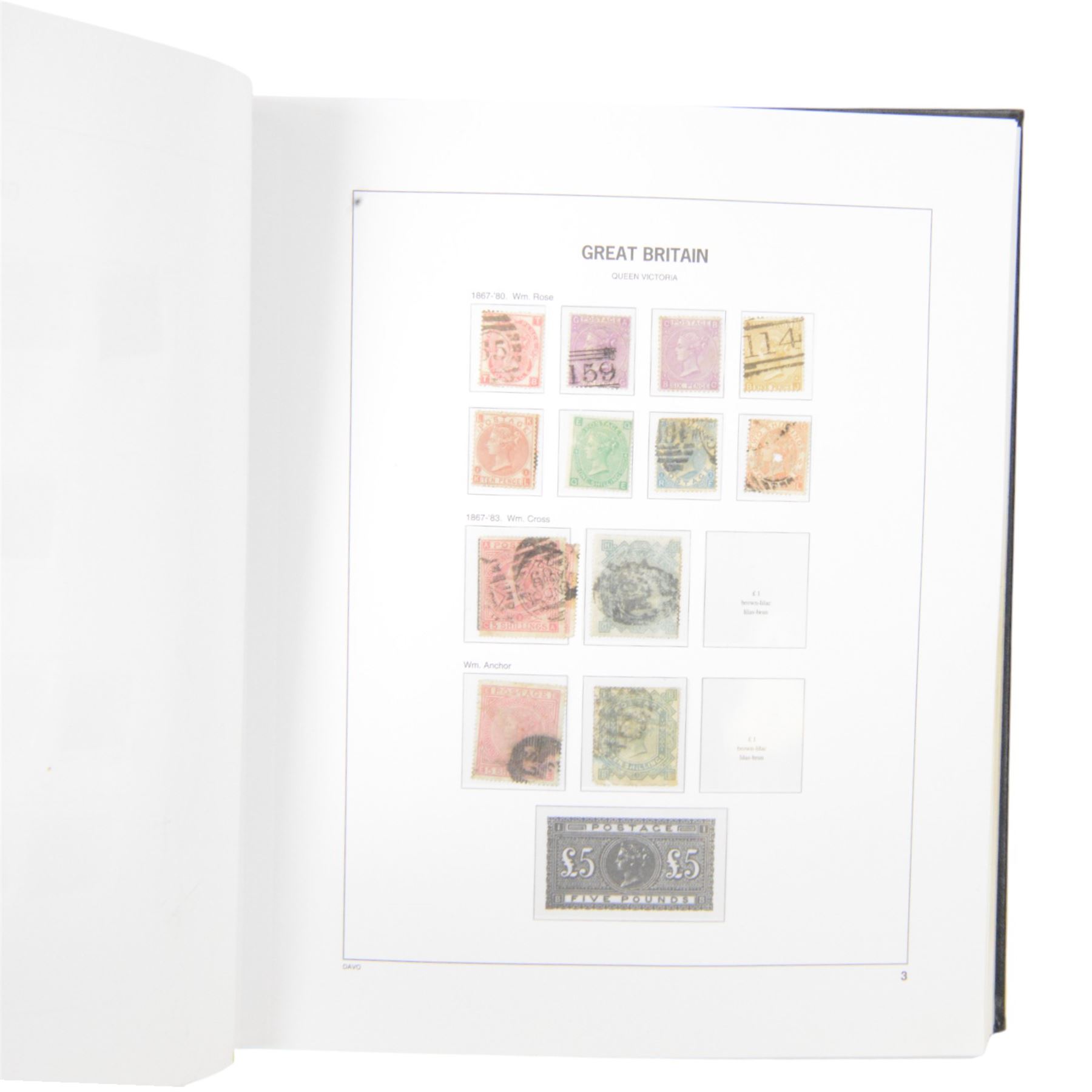 Extensive single album collection of Great British Queen Victoria and later stamps, including QV penny black with three margins, 1840 two pence blue, perf two pence blues with white lines added, QV one pound brown lilac, QV one pound green, King George V seahorses, 1929 Postal Union Congress one pound black, King George VI 1939-48 set of six with ten shillings dark blue, Queen Elizabeth II pre-decimal issues, housed in a Stanley Gibbons Great Britain 2001 album, a well presented collection with few ommissions