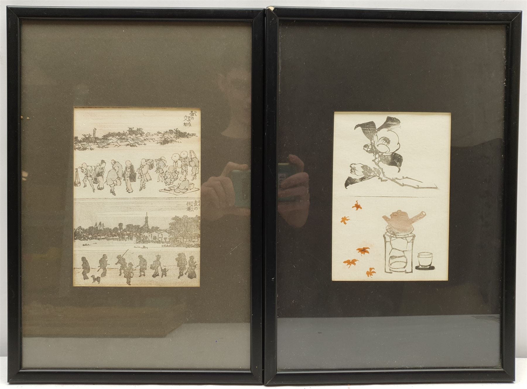 After Claude Lorrain (British 1600-1682): Classical Landscapes, 20th century prints; Japanese School (20th century): Pair woodblock prints; Chinese School (20th century): Seated Lady, painting on silk mounted onto paper, max 29cm x 40cm (5)